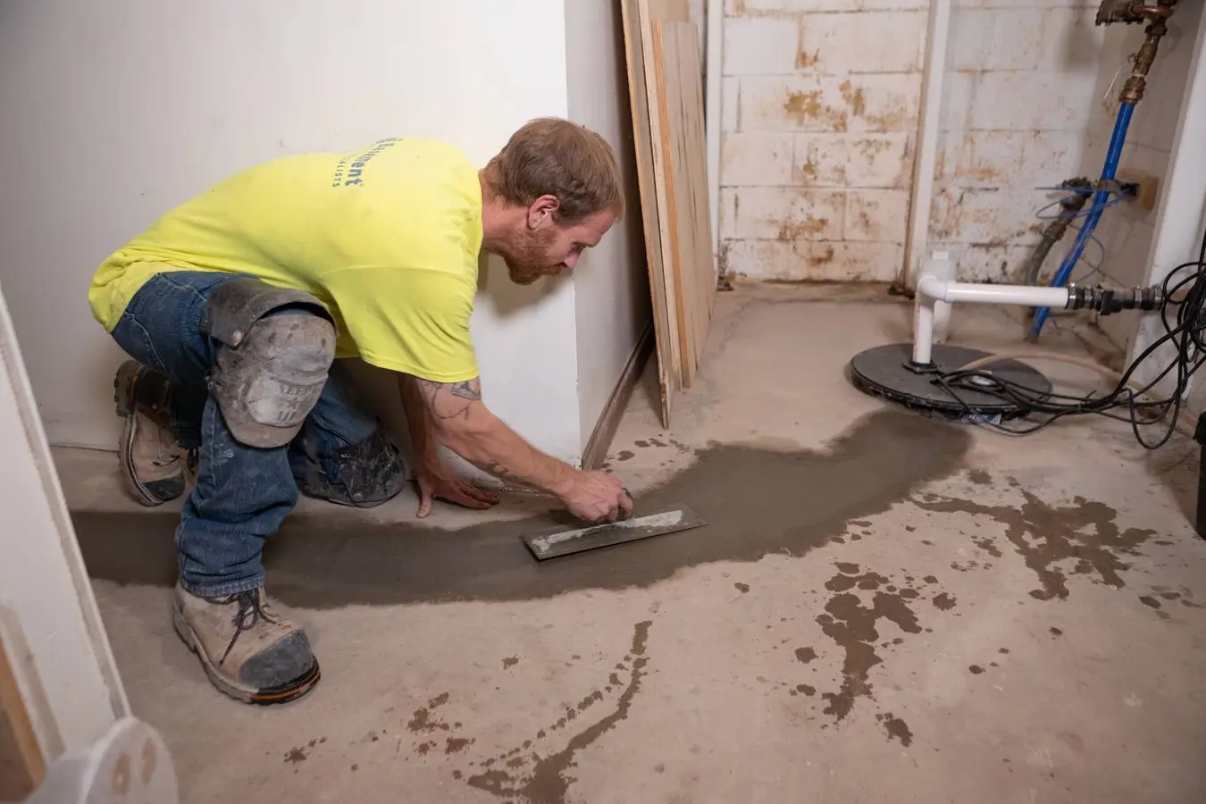 Man applying concrete in a basement, with sump pump system in background, emphasizing basement waterproofing and repair services.