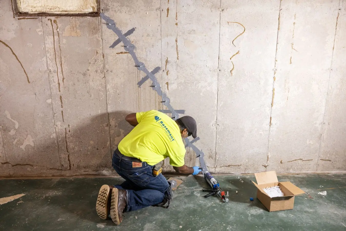 Worker applying sealant to a cracked basement wall, wearing a bright yellow shirt with "Basement Repair Specialists" logo, tools and materials nearby, illustrating professional crack repair services.