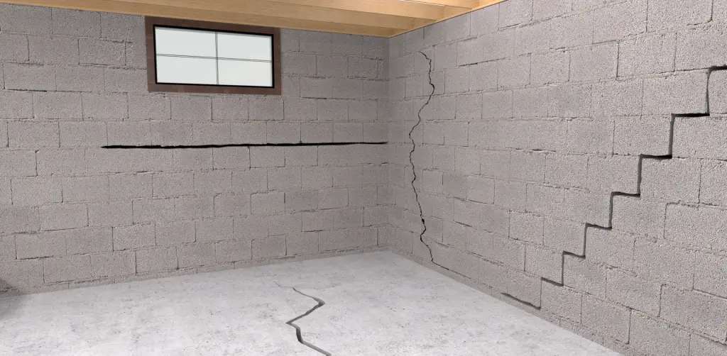 Interior view of a basement with visible cracks in the concrete block walls and floor, highlighting potential foundation issues relevant to future-proofing home structures.