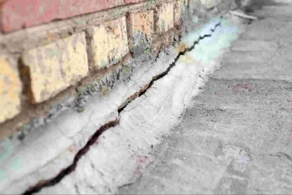 Cracked foundation wall with visible separation at the base, highlighting common basement repair issues related to structural integrity.