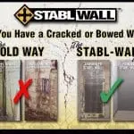 StablWall logo and comparison image showing the old method versus StablWall's method for repairing cracked or bowed walls, highlighting the effectiveness of carbon fiber solutions.