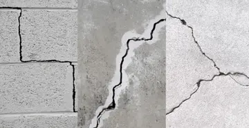 Different types of foundation wall cracks in masonry, concrete, and plaster, highlighting structural deterioration and repair needs related to carbon fiber reinforcement technology.