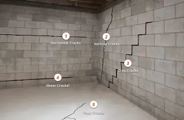 Image of a basement wall displaying various types of foundation cracks labeled as Horizontal Cracks, Vertical Cracks, Step Cracks, Shear Cracks, and Floor Cracks, illustrating the importance of identifying foundation issues.
