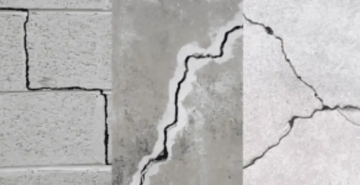 Different types of foundation cracks on concrete surfaces, highlighting the urgency of repair for structural integrity.