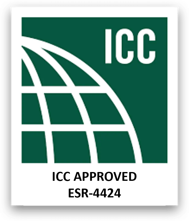 ICC approved logo for StablWall foundation repair system, featuring green globe design and text "ICC APPROVED ESR-4424," emphasizing certified structural strengthening solutions for cracked foundations.