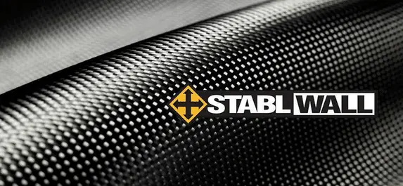 Carbon fiber texture with StablWall logo, emphasizing innovative wall repair solutions for foundation reinforcement.