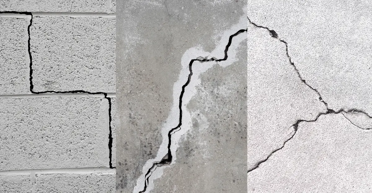 Cracked basement walls showing horizontal and diagonal fissures indicating structural damage due to soil pressure and potential bowing.