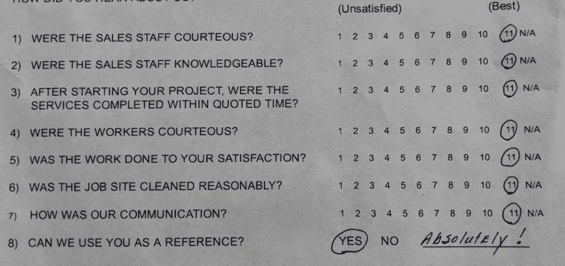 Julie Simcox customer feedback form for Toledo Basement Repair, featuring satisfaction ratings and testimonial about basement waterproofing and structural repair services.