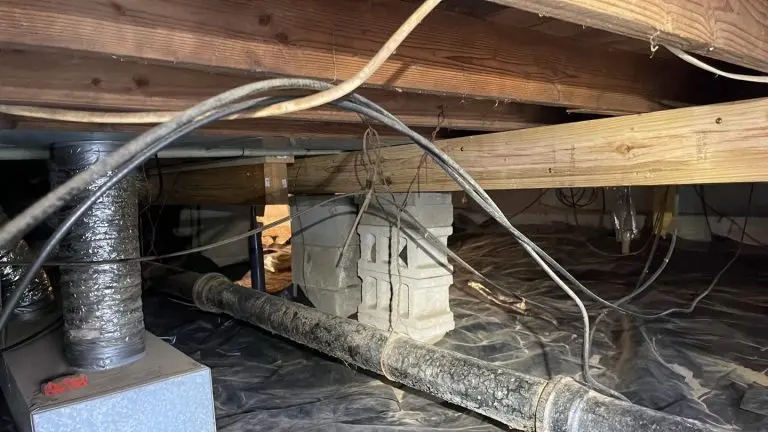 Crawl space with exposed wooden floor joists, concrete block supports, plumbing pipes, and a black plastic ground covering beneath a home.