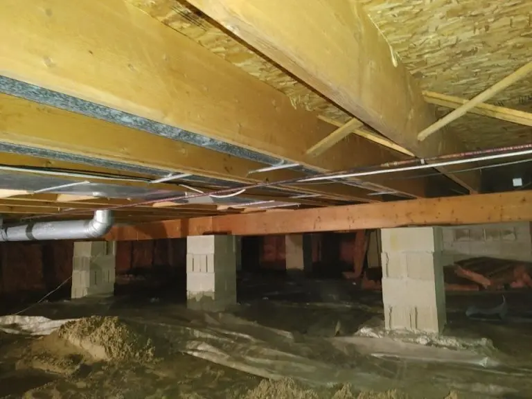 Encapsulated crawl space with vapor barrier and structural floor supports in an Ohio home