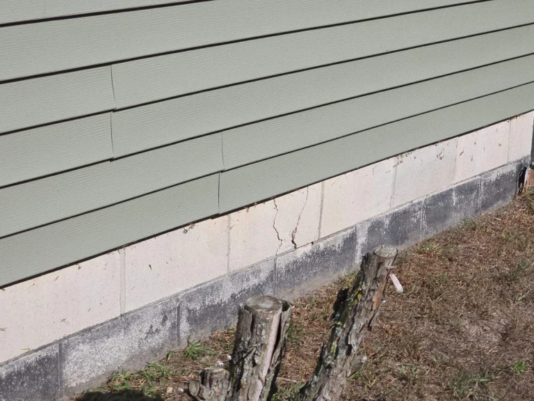 Exterior view of a home in Northwood, OH showing horizontal and vertical cracks in the concrete block foundation wall near ground level.