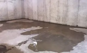Concrete basement corner with patches of water on the floor, suggesting leakage or flooding. The scene feels damp and unwelcoming.