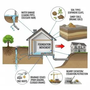 Diagram illustrating causes of foundation movement: water damage, soil types, tree roots, drainage issues, and nearby construction. Central house depiction.