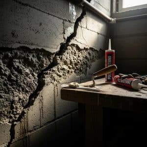 A large crack runs through a concrete wall, illuminated by sunlight. Tools and polyurethane sealant sit on a wooden table, suggesting repair work.