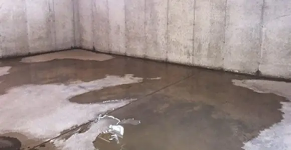 Concrete basement corner with patches of water on the floor, suggesting leakage or flooding. The scene feels damp and unwelcoming.