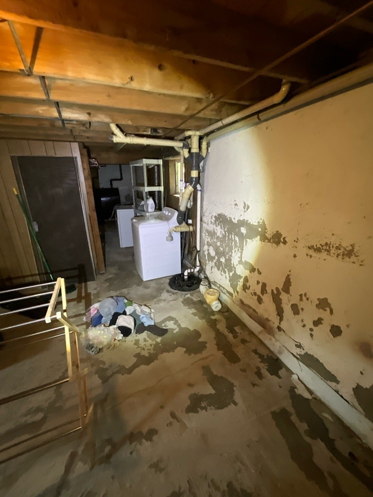 Dimly lit, cluttered basement with a washing machine, peeling paint on walls, wet floor, and scattered clothes, conveying neglect and disarray.