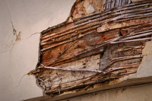 Dry rot in basement wall exposing deteriorated wood framing beneath cracked plaster