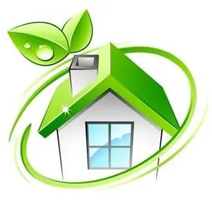 Green house illustration with a leaf, symbolizing eco-friendly indoor air quality and ventilation for basements.