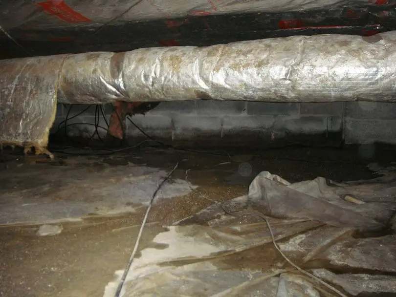 Encapsulated crawlspace with standing water and high humidity showing why crawlspace encapsulation needs mechanical ventilation.