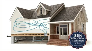 Crawlspace ventilation maintenance system moving air beneath an Ohio home to help manage moisture and airborne particles.