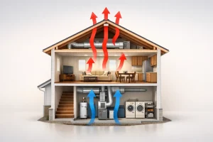 Diagram showing how warm air rises through a home while basement air and moisture move upward due to the Stack Effect.
