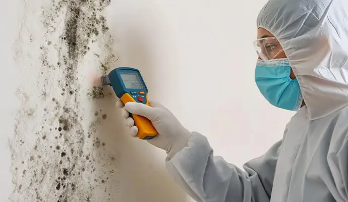 Technician using device to inspect basement mold growth on wall.