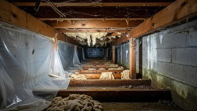 Damp crawl space with visible moisture, mold growth, and insulation damage requiring remediation in Middletown