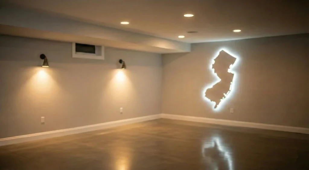 Dry basement in New Jersey home with illuminated state map and recessed lighting.