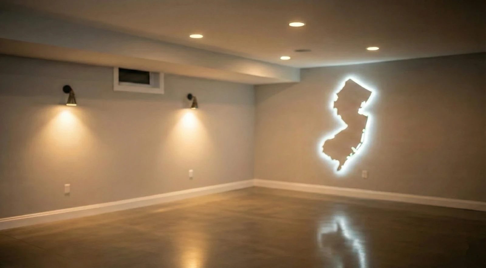 Dry basement in New Jersey home with illuminated state map and recessed lighting.