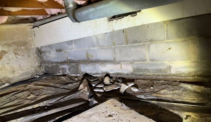 Damp crawl space showing moisture damage, exposed insulation, and debris, highlighting risks of water intrusion and wood decay related to home health issues.
