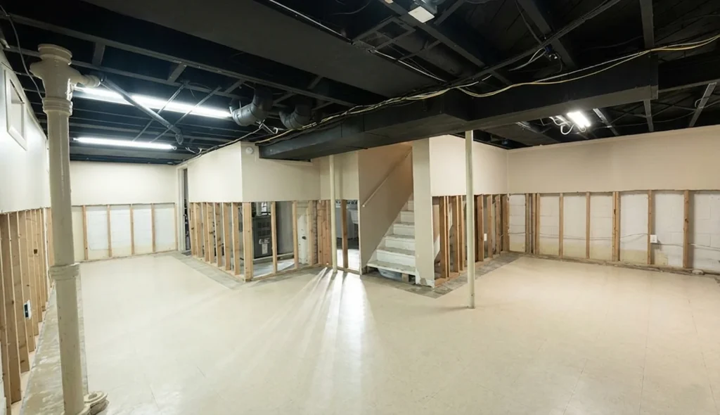 Empty basement space with exposed walls and flooring, showcasing a clean, dry area ideal for basement waterproofing services, emphasizing Healthy Way Waterproofing & Mold Remediation's commitment to preventing water damage.