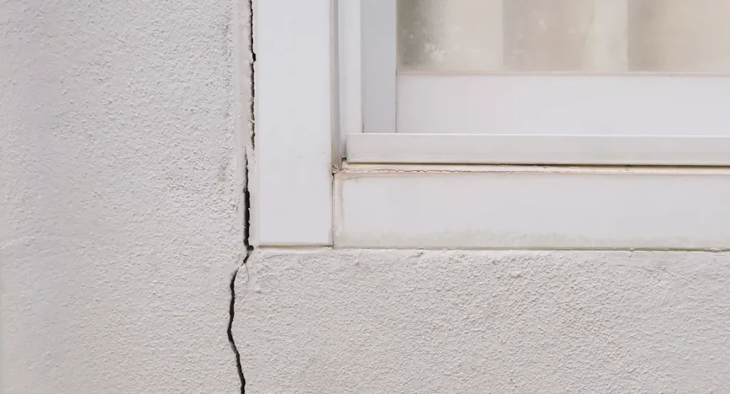 Cracked foundation wall near window, indicating potential basement waterproofing needs and water intrusion risks.