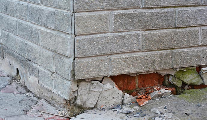 Corner of a house foundation showing damaged brickwork and crumbling mortar, indicating potential moisture issues relevant to basement waterproofing and foundation repair.