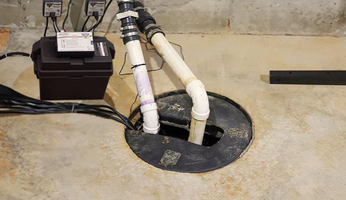 Sump pump installation in a basement with discharge pipes and a backup battery system, illustrating essential components for preventing flooding and water damage.