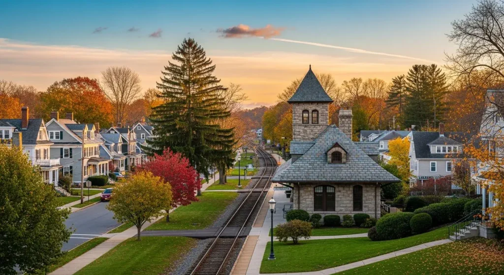 Historic train station in Allendale, NJ, surrounded by residential homes and autumn foliage, illustrating the charm of the area relevant to basement waterproofing and mold remediation services.