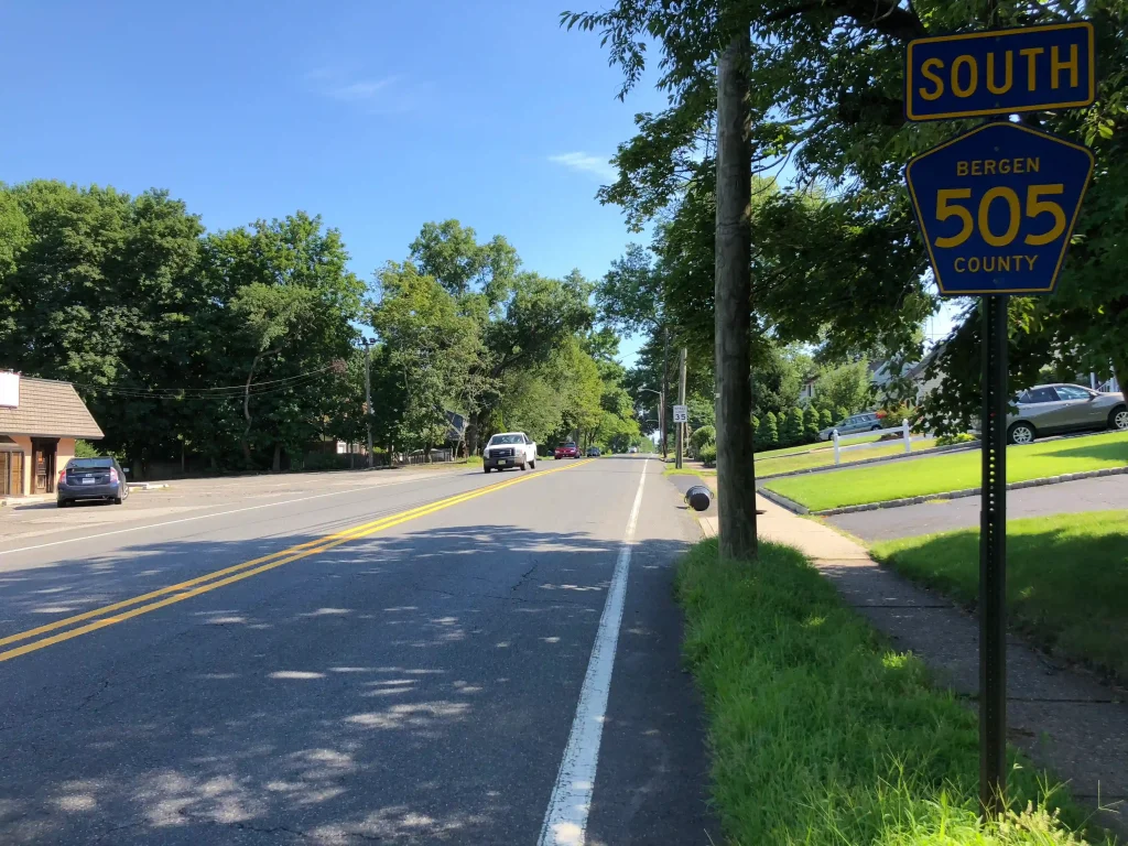 Road sign indicating County Route 505 South in Dumont, NJ, with a tree-lined street and vehicles on the road, representing local accessibility and community infrastructure related to basement waterproofing and mold remediation services.
