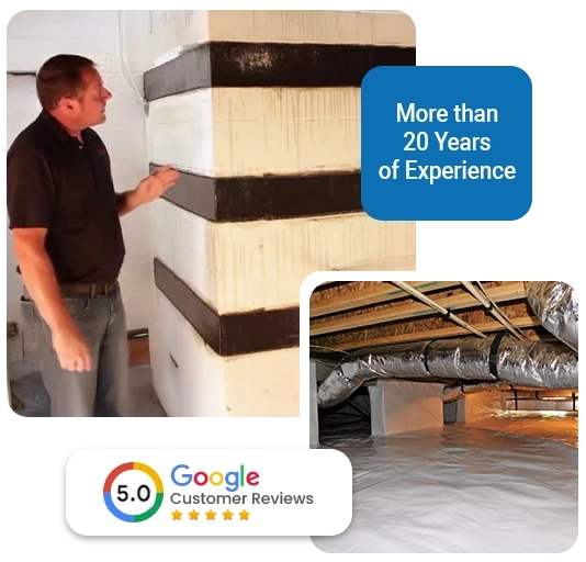 Healthy Way expert inspecting basement waterproofing and mold remediation in Middletown Township, NJ.