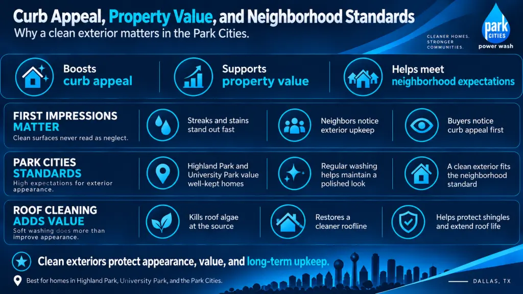 Infographic showing how exterior cleaning supports curb appeal, property value, neighborhood standards, and roof maintenance in Highland Park and University Park.