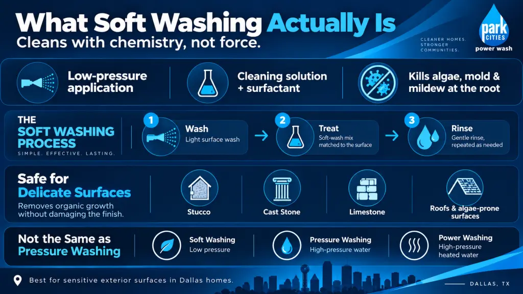 Infographic explaining soft washing in Dallas, including low-pressure cleaning, treatment and rinse steps, and surfaces such as stucco, cast stone, limestone, and roofs.