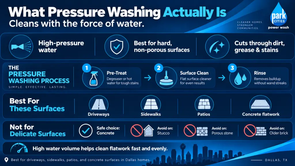 Infographic explaining pressure washing in Dallas, including high-pressure water cleaning, the pre-treat, surface clean, and rinse process, best surfaces like driveways and patios, and where pressure washing should be avoided.