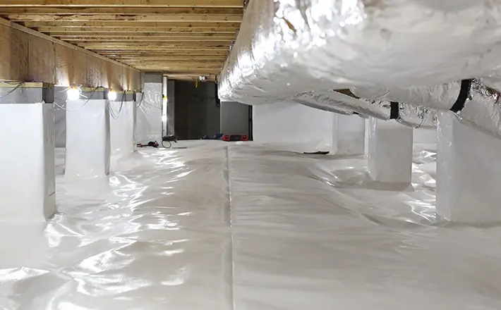 Encapsulated crawl space with vapor barrier and insulation protecting foundation.