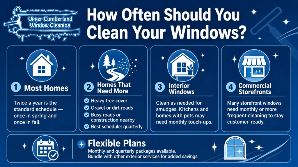 Infographic showing recommended window cleaning frequency for Crossville homes, interior windows, and commercial storefronts.