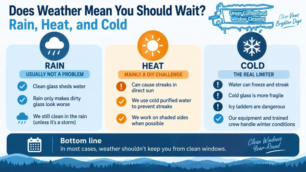 Infographic explaining how rain, heat, and cold affect window cleaning in Crossville, TN, with simple guidance on when weather matters and when it usually does not.