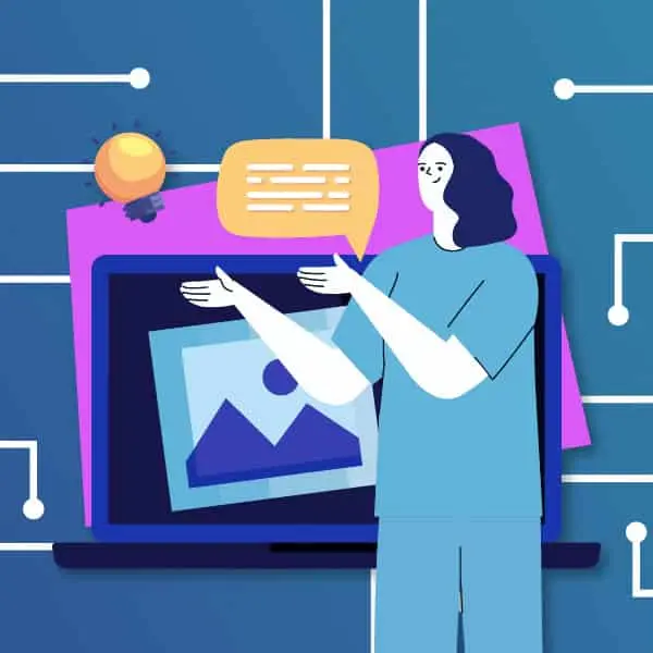 Illustration of a person presenting digital content.