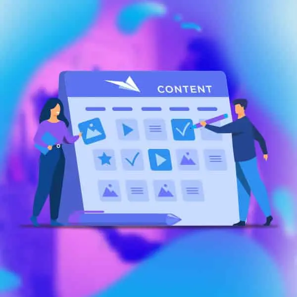 People planning content with digital tools illustration.