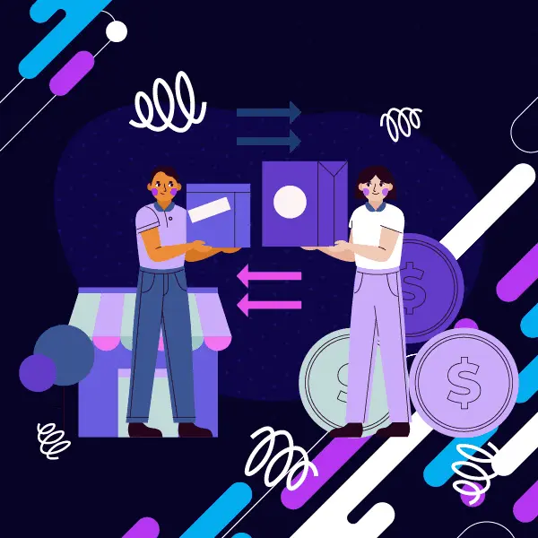 Two people exchanging boxes and money symbols.