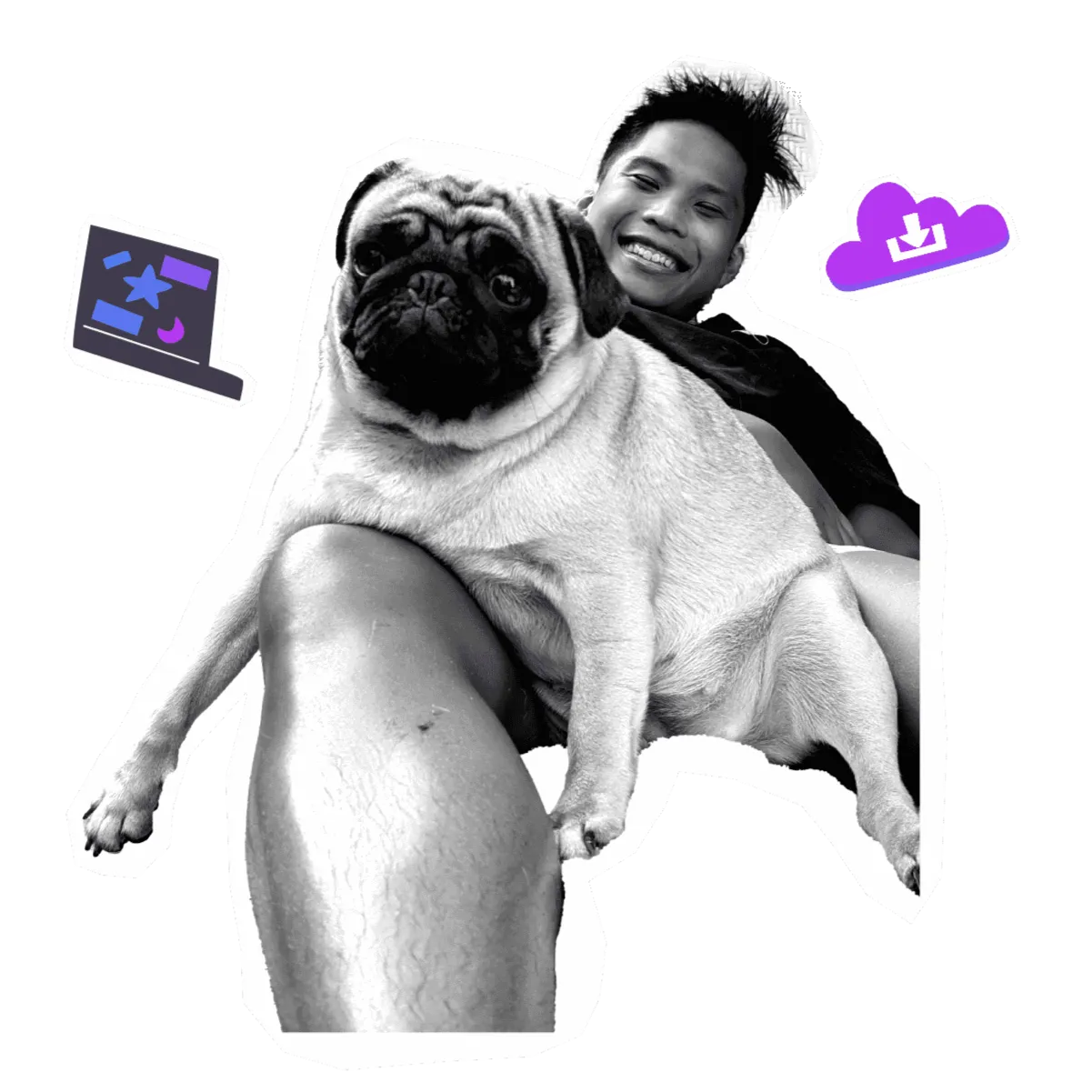 Smiling person with pug on lap, playful stickers.
