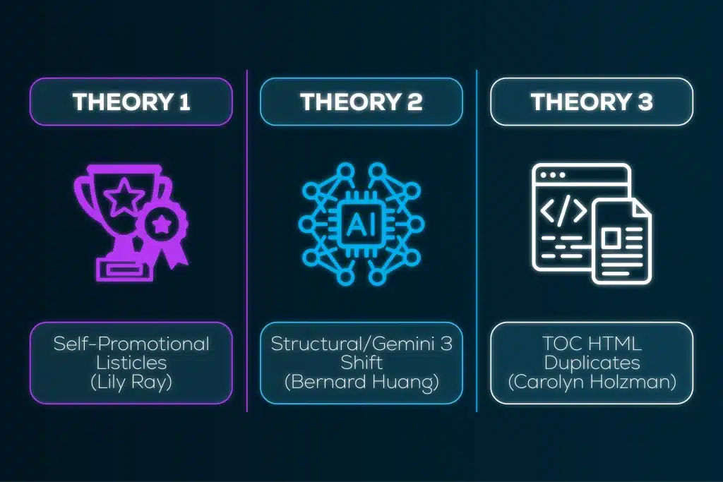 Three SEO theories with neon icons