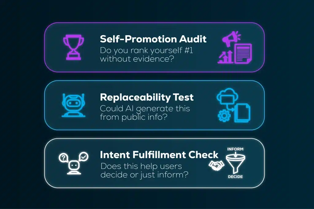 Three marketing evaluation tests with neon icons