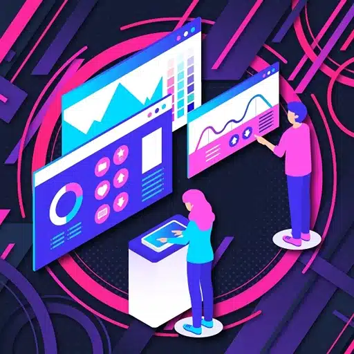 Illustration of people analyzing digital data on screens